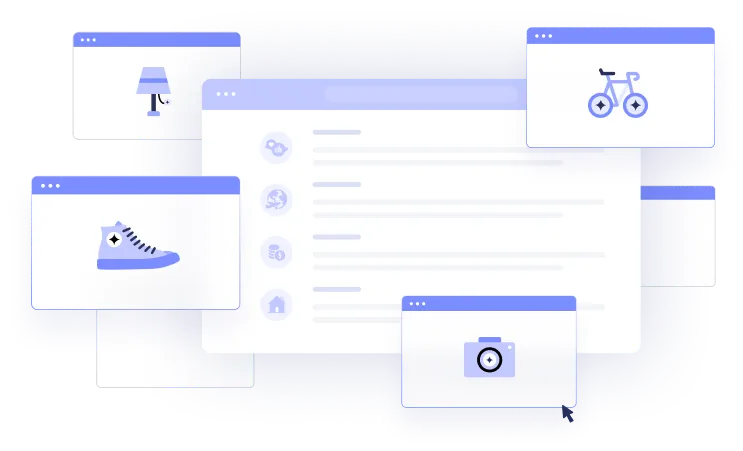 a series of colored and white boxes with purple icons and highlights that look like opened browser windows