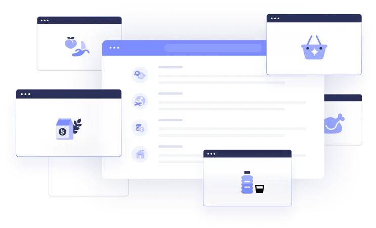 a series of colored and white boxes with purple icons and highlights that look like opened browser windows