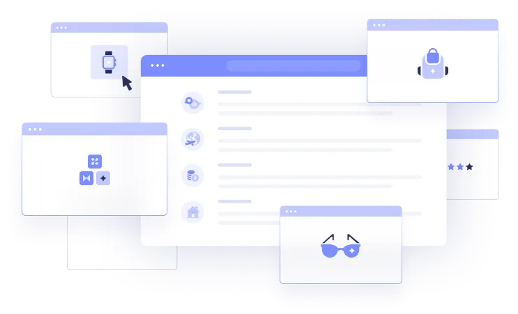 a series of colored and white boxes with purple icons and highlights that look like opened browser windows