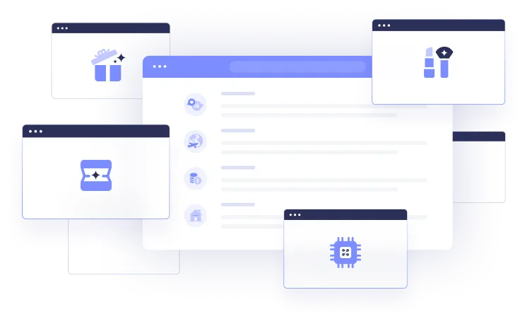 a series of colored and white boxes with purple icons and highlights that look like opened browser windows