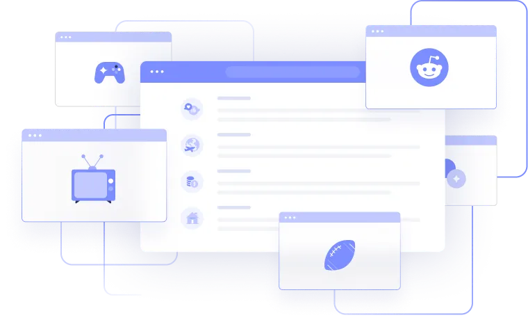 a series of colored and white boxes with purple icons and highlights that look like opened browser windows