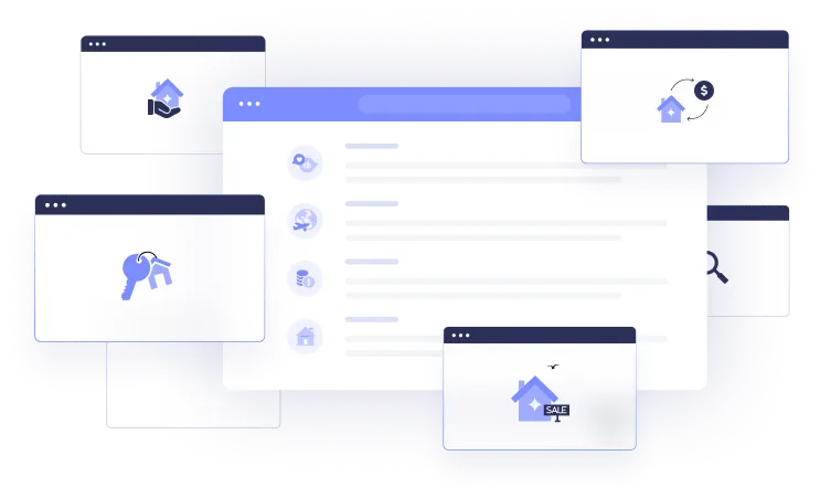 a series of colored and white boxes with purple icons and highlights that look like opened browser windows