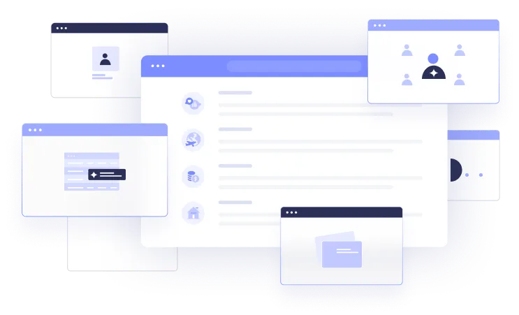 a series of colored and white boxes with purple icons and highlights that look like opened browser windows
