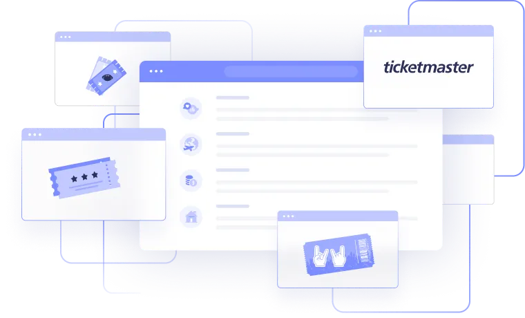 a series of colored and white boxes with purple icons and highlights that look like opened browser windows