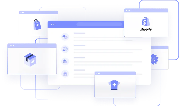 a series of colored and white boxes with purple icons and highlights that look like opened browser windows