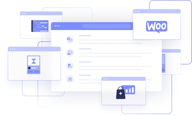 a series of colored and white boxes with purple icons and highlights that look like opened browser windows
