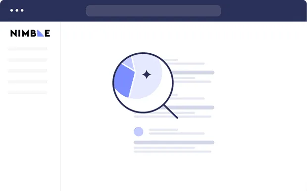 A blue and white pie chart with a magnifying glass on it. The background is an open browser window.  Blue background.