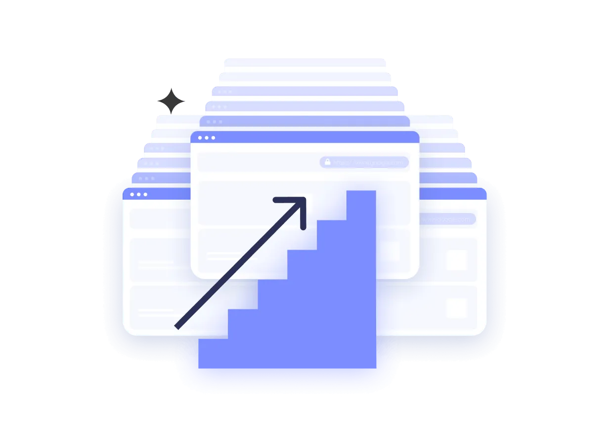 a collection of web window icons, stacked, with a black arrow pointing to the browser screen, the Nimble logo is at the forefront of the image