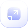 White rounded square button with blue border featuring an arrow pointing diagonally outward representing maximize or expand.