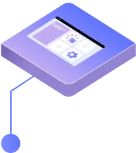 Isometric illustration of a computer screen displaying icons for settings, analytics, and data, layered above a gradient blue and purple square base with a small connected circle.