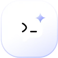 Square icon with rounded corners showing a command prompt symbol and two sparkling stars on a blue gradient background.