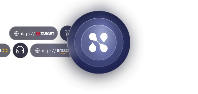 Dark circular hub with a white abstract network icon connected to smaller circles showing retail logos like Target and Amazon URLs.