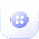 Purple abstract butterfly shape inside a rounded square with gradient light blue and white background.