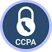 White unlocked padlock icon above the letters CCPA on a blue circular background with a lighter blue border.