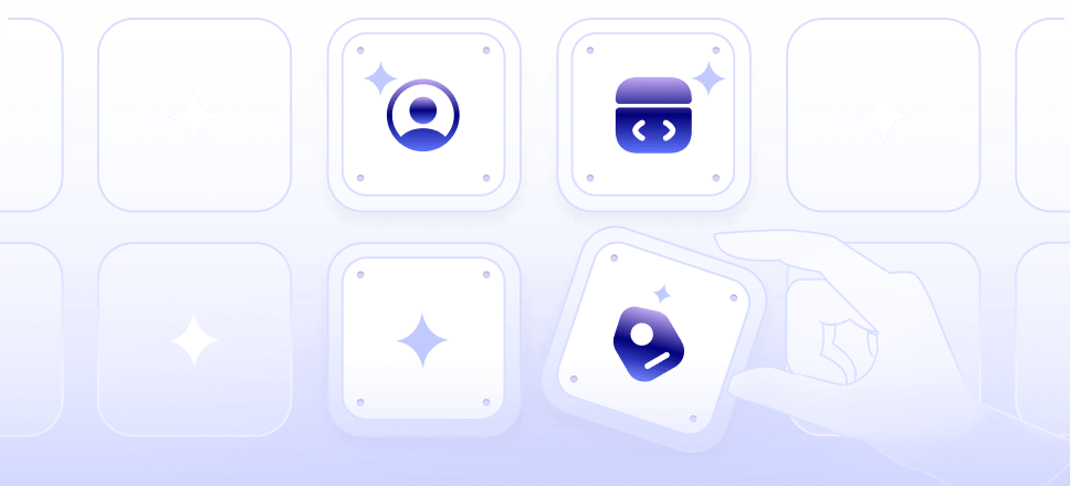 Illuminated keyboard keys with icons of a user profile, code window, and a hand holding a key with a price tag symbol.