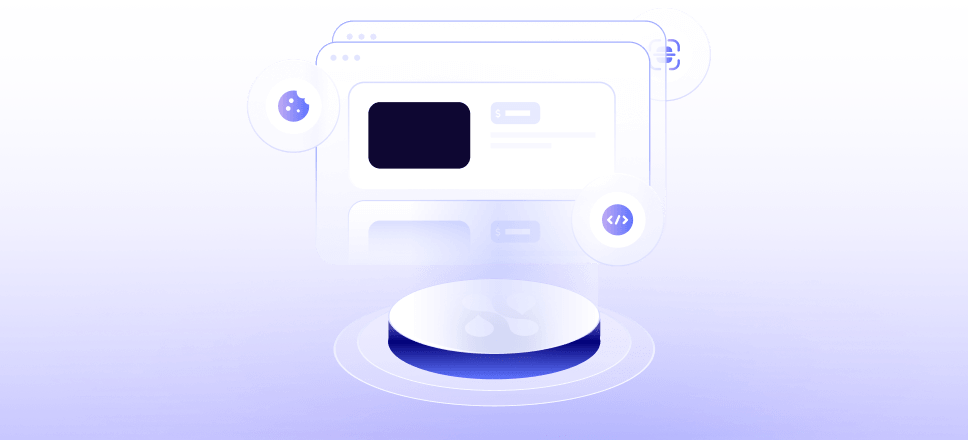 Abstract digital interface with layered browser windows floating above a circular platform, surrounded by icons of a cookie and code symbol.