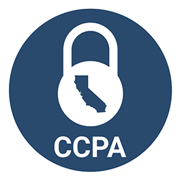 Round blue icon with a white padlock containing the California state outline and the letters CCPA below.