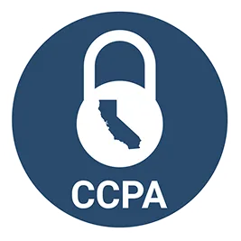 Round blue icon with a white padlock containing the California state outline and the letters CCPA below.