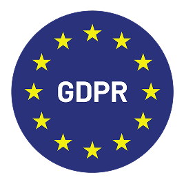 Circle with blue background featuring twelve yellow stars arranged in a ring around the letters GDPR in white.
