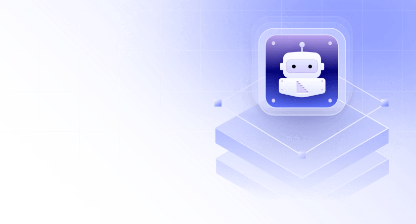 3D icon of a white robot head with a digital face displayed on a glowing square platform connected by lines, over a gradient blue background with grid lines.