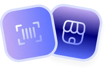 Two rounded square app icons, one with a barcode scanning symbol and the other with a storefront icon.