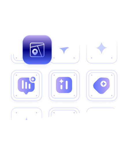 Blue app icons with abstract designs on a white background, one icon highlighted with a blue gradient.