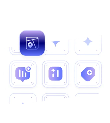 Blue app icons with abstract designs on a white background, one icon highlighted with a blue gradient.