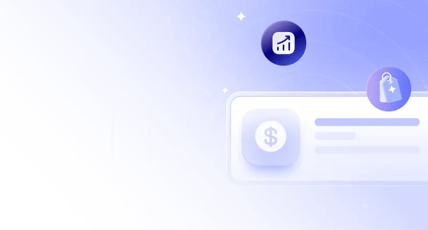 Abstract light purple background with icons of a dollar sign, an upward trending graph, and a price tag.
