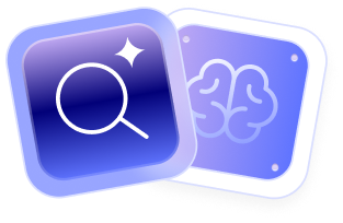 Icons of a magnifying glass with sparkles and a brain on overlapping purple cubes.