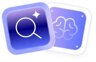 Icons of a magnifying glass with sparkles and a brain on overlapping purple cubes.