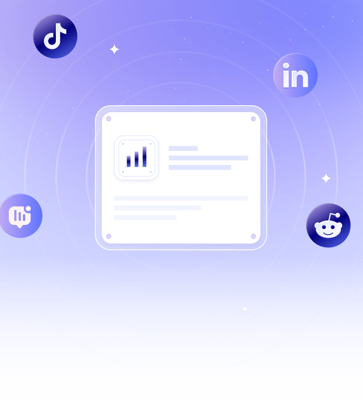 Digital interface with social media platform icons TikTok, LinkedIn, X, and Reddit surrounding a dashboard with data visualization.