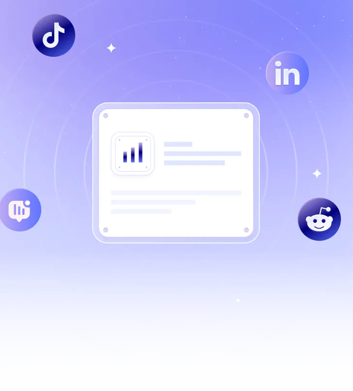 Digital interface with social media platform icons TikTok, LinkedIn, X, and Reddit surrounding a dashboard with data visualization.