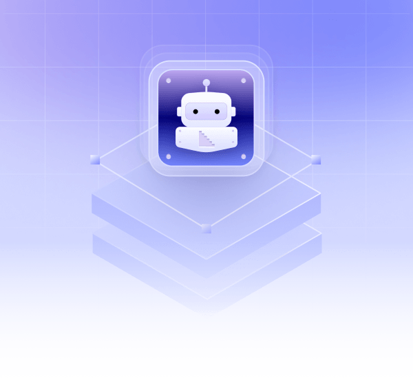 Icon of a white robot with antenna on a layered translucent platform against a blue gradient grid background.