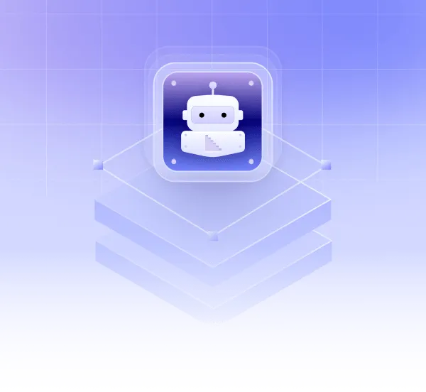 Icon of a white robot with antenna on a layered translucent platform against a blue gradient grid background.