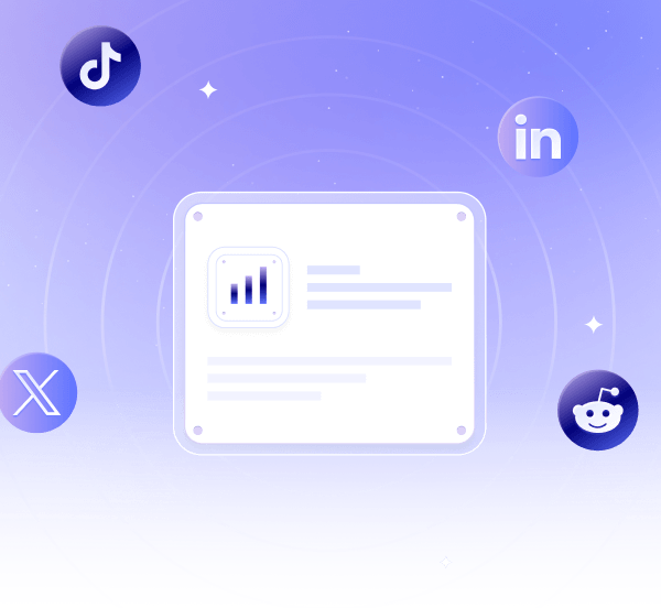 Digital illustration of a dashboard card with a bar chart icon surrounded by social media icons for TikTok, LinkedIn, X, and Reddit on a purple background.