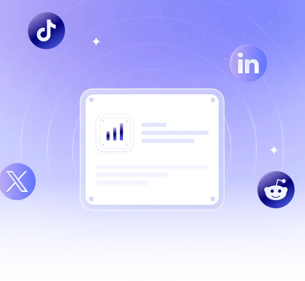 Digital illustration of a dashboard card with a bar chart icon surrounded by social media icons for TikTok, LinkedIn, X, and Reddit on a purple background.
