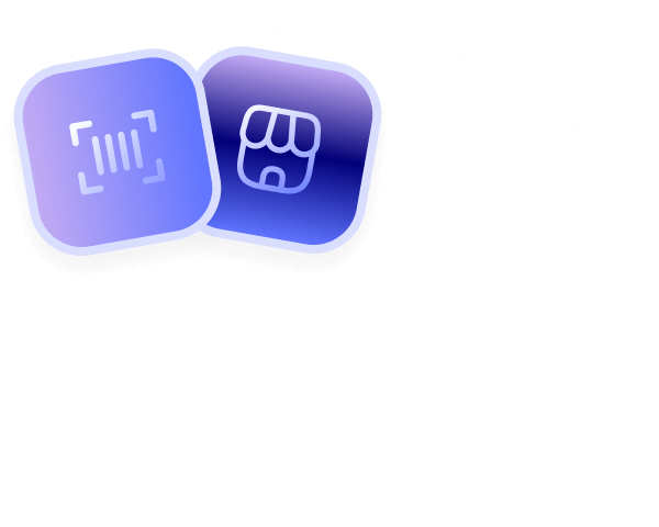 Two purple app icons, one displaying a barcode scanner and the other a storefront.