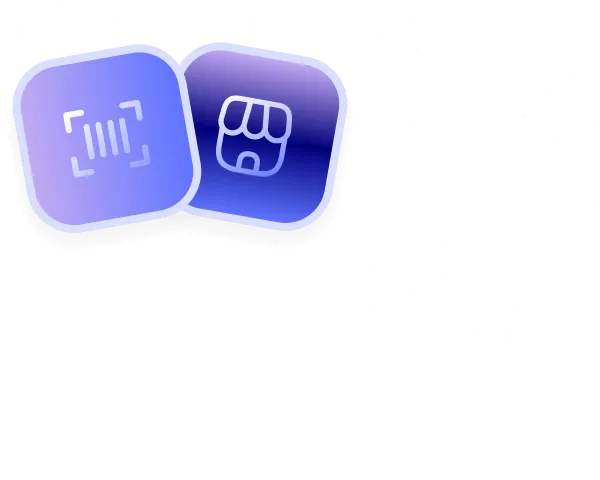 Two purple app icons, one displaying a barcode scanner and the other a storefront.