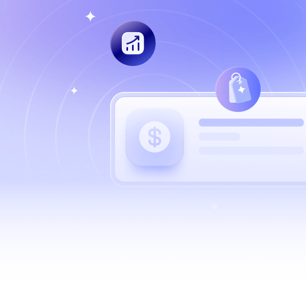 Abstract graphic showing a currency symbol on a card with icons of a rising graph and a price tag, set against a purple gradient background.