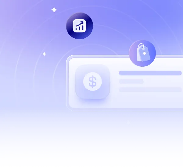 Abstract graphic showing a currency symbol on a card with icons of a rising graph and a price tag, set against a purple gradient background.