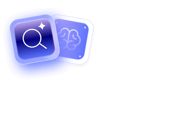 Two blue app icons, one with a magnifying glass symbol and sparkle, the other with a brain symbol.