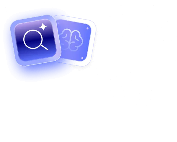 Two blue app icons, one with a magnifying glass symbol and sparkle, the other with a brain symbol.
