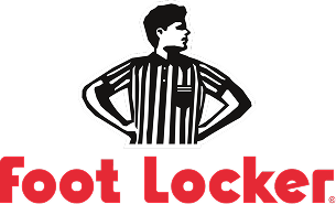 Foot Locker logo featuring a referee with hands on hips above the company name in red letters.