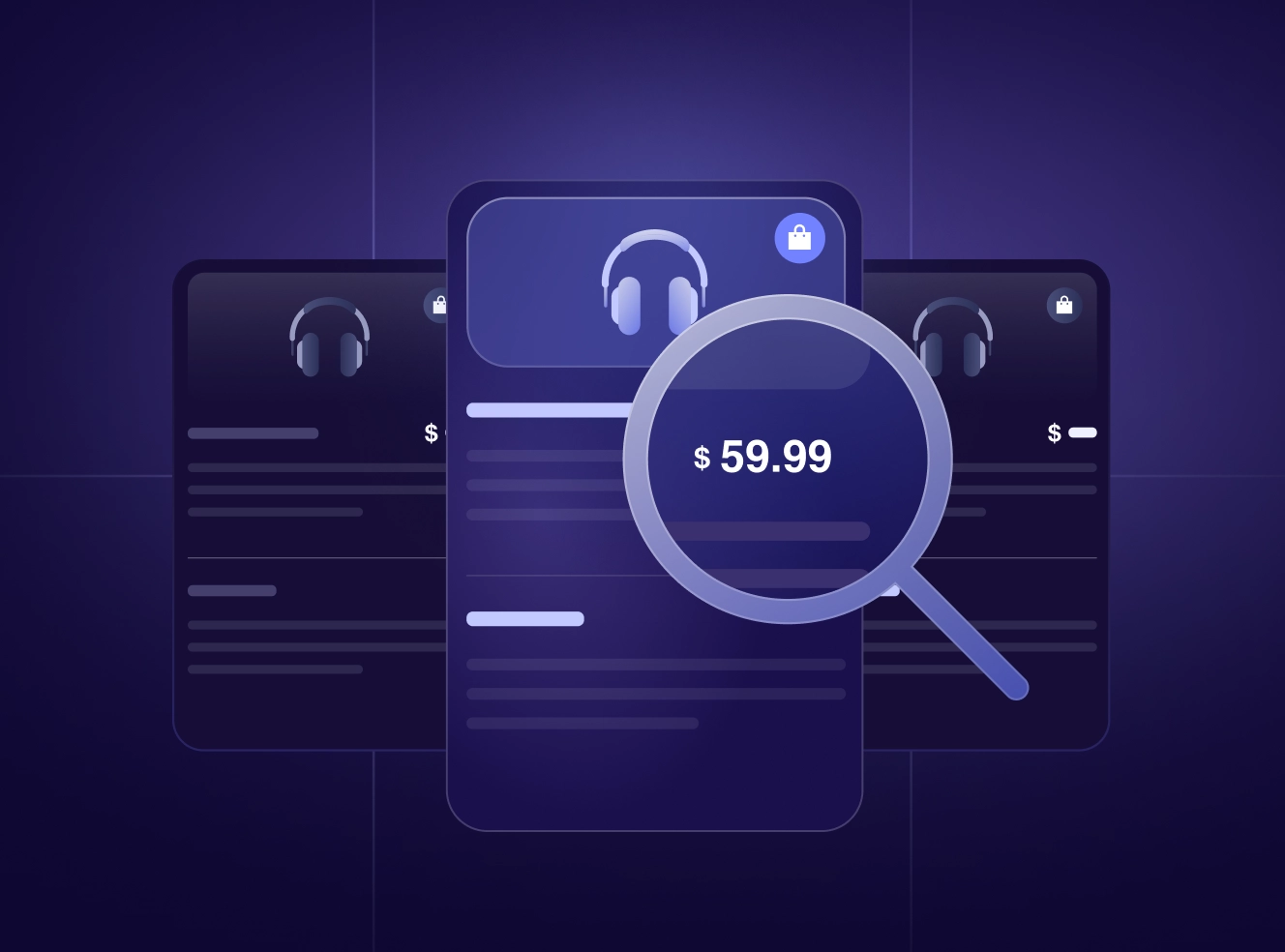 Illustration of three digital cards with headphones icons and locked padlocks, one card enlarged with a magnifying glass highlighting a $59.99 price.