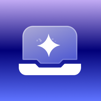 Icon of a white sparkle inside a rounded rectangular chat bubble on a blue gradient background.