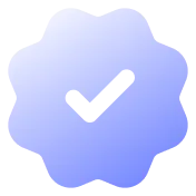 Blue gradient badge with a black check mark in the center representing verification or approval.