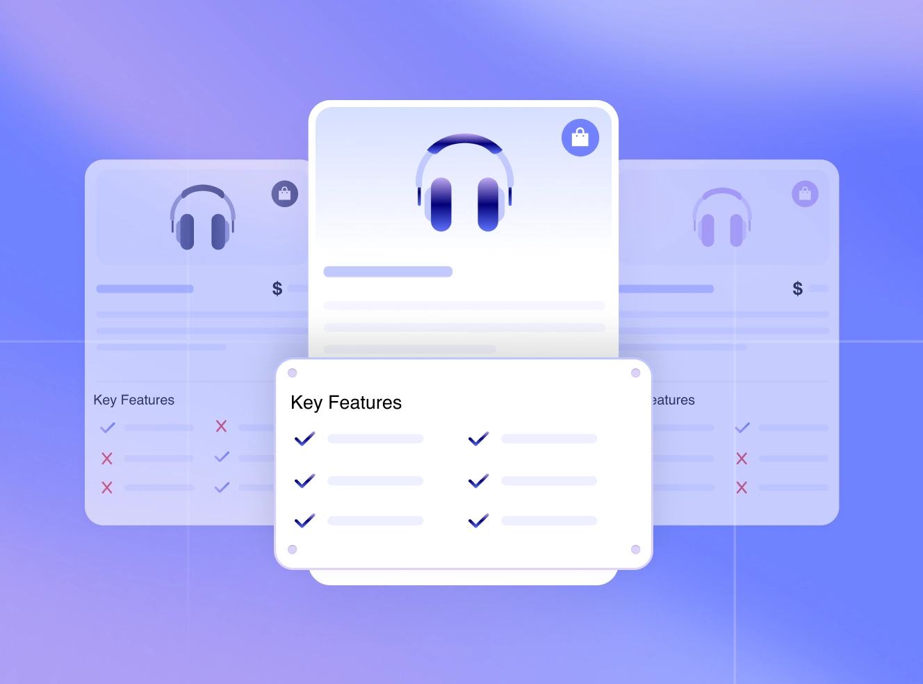 Comparison chart with three headphone product cards showing key features, with the central card highlighted and checked features listed.