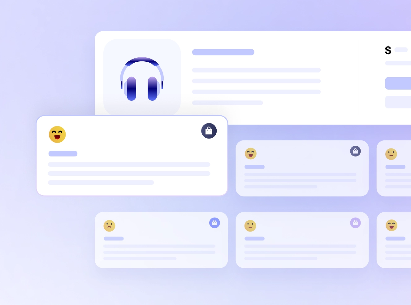 Interface showing product details with a blue headphones icon, price section, and multiple user review cards with emoji reactions and lock icons.
