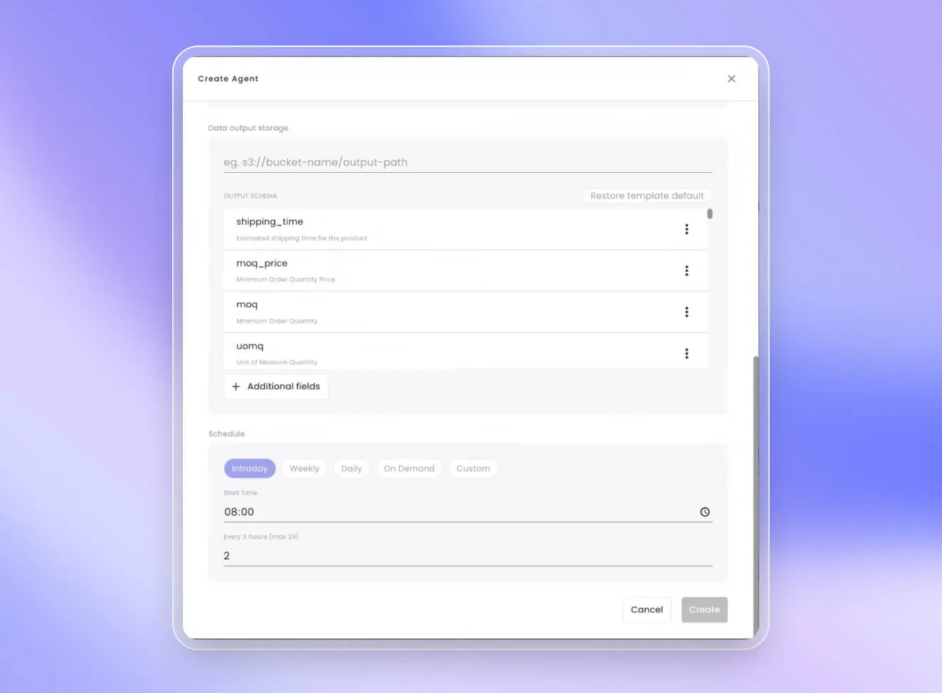 Create Agent interface displaying data output storage schema fields such as shipping time, MOQ price, MOQ, and UOMQ with scheduling options including intraday, weekly, daily, on demand, and custom, and time settings for start time 08:00 and interval every 2 hours.