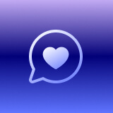 White chat bubble icon with a heart inside on a blue to purple gradient background.